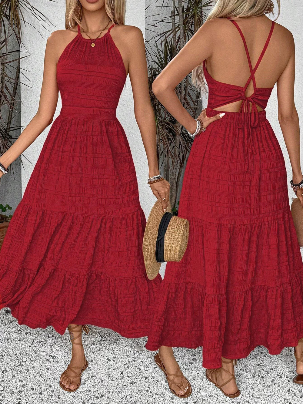 ZARA Vintage Red Halter High Waist Backless Maxi Dress Summer